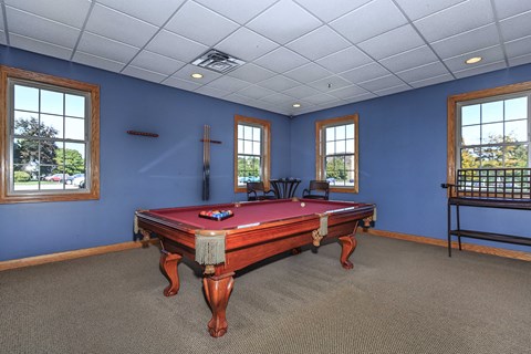 A pool table in a room with blue walls and carpet.