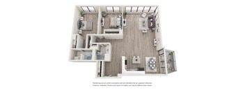 A top-down view of a modern apartment layout with a kitchen, living room, and bedrooms.