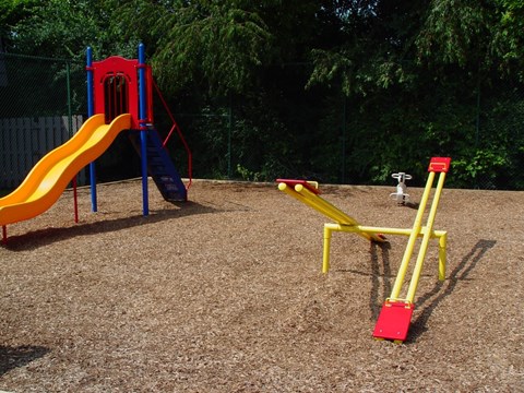 A playground with a yellow slide and a red and blue slide.