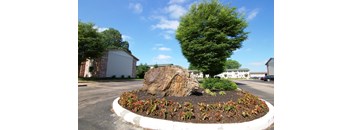 a large rock in a garden in a parking lot