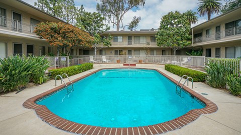 A swimming pool surrounded by a brick border in a residential area.