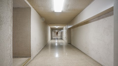 A long, empty hallway with a light at the end.