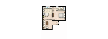 A floor plan of a small apartment with a living room, kitchen, bedroom and bathroom.