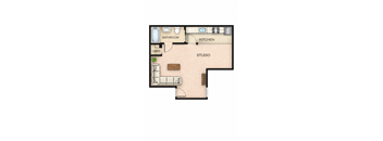 A floor plan of a studio apartment with a kitchen, bathroom, and linen area.