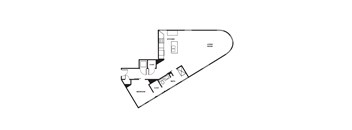 A floor plan of a small apartment with a living room, kitchen, bathroom, bedroom and closet.