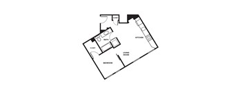 A black and white image of a floor plan for a house with a living room, kitchen, bathroom and bedroom.