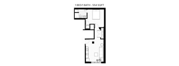 A floor plan of a 1 bedroom apartment with a bathroom.