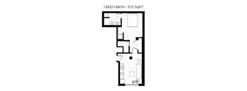 A floor plan of a 1 bedroom apartment with a bathroom.