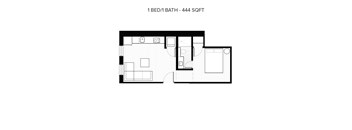 A black and white image of a 1 bedroom/1 bathroom apartment of 444 square feet.