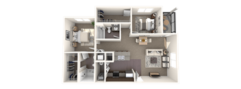A 3D floor plan of a house showing a kitchen, living room, and two bedrooms.