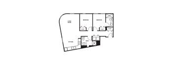 A black and white image of a floor plan for a house with a living room, kitchen, and two bedrooms.