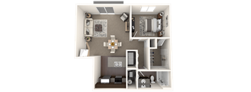 A 3D floor plan of a small apartment with a living room, kitchen, and bathroom.