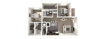 A 3D rendered image of a small apartment layout.