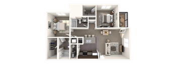 A 3D rendered image of a small apartment layout.