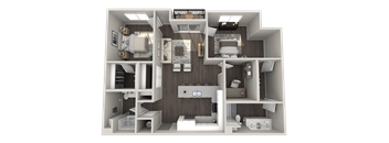 a 3d rendering of a floor plan with a bedroom and a living room