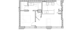A floor plan of a house with a kitchen, living room, and bathroom.