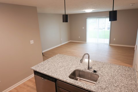 A kitchen with a granite countertop and a stainless steel sink.