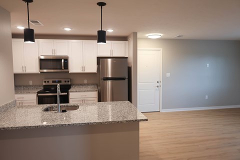 A kitchen with a granite countertop and stainless steel appliances.