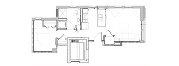 A floor plan of a house with a kitchen, living room, and bathroom.