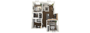A 3D floor plan of a small apartment with a living room, kitchen, and bathroom.
