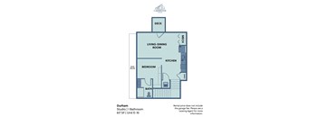 A floor plan for a one bedroom apartment at Durham Studio.