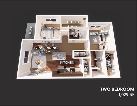 a floor plan with two bedrooms and two bathrooms