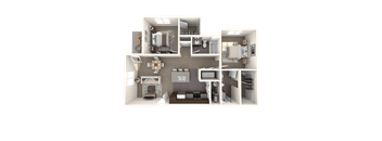 A 3D floor plan of a house showing a living room, kitchen, and two bedrooms.