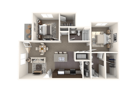 A 3D floor plan of a house showing a living room, kitchen, and two bedrooms.
