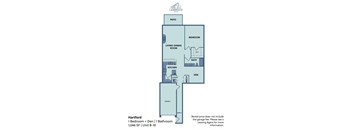 A diagram of a floor plan for a 1 bedroom apartment.