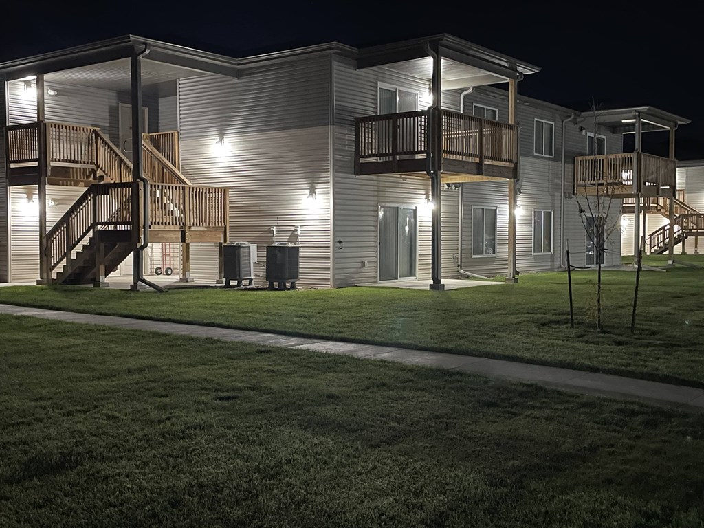 a building with lights on at night