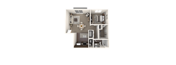 A 3D floor plan of a house with a kitchen, living room, and two bedrooms.