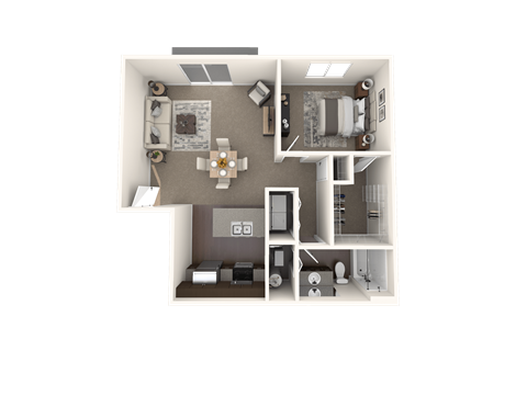 A 3D floor plan of a house with a kitchen, living room, and two bedrooms.