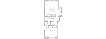 A floor plan of a house with a kitchen, living room, and bathroom.