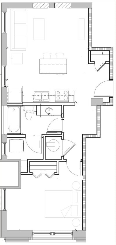A floor plan of a house with a kitchen, living room, and bathroom.