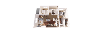 A 3D floor plan of a house with a living room, kitchen, and two bedrooms.