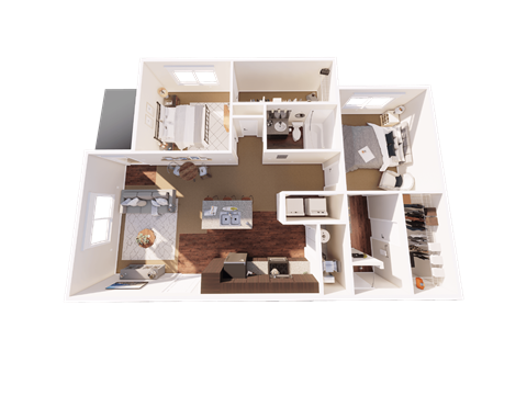 A 3D floor plan of a house with a living room, kitchen, and two bedrooms.