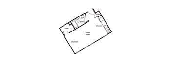 A floor plan of a small apartment with a bedroom, living room, kitchen, and bathroom.