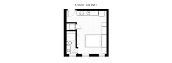 A floor plan of a studio apartment with a total area of 332 square feet.