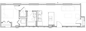 A floor plan of a house with a kitchen, living room, and two bedrooms.