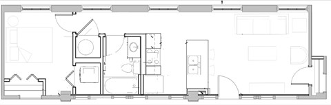 A floor plan of a house with a kitchen, living room, and two bedrooms.