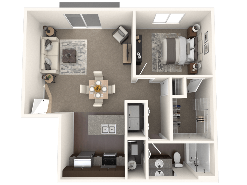 a rendering of a 3d floor plan with a bedroom and a bathroom