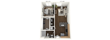 A 3D floor plan of a small apartment with a living room, kitchen, and bathroom.