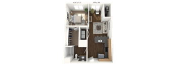 A 3D floor plan of a small apartment with two bedrooms, a living room, and a kitchen.