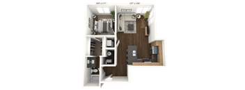 A 3D floor plan of a small apartment with a kitchen, living room, and two bedrooms.