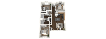 A 3D floor plan of a house with dimensions and room layout.