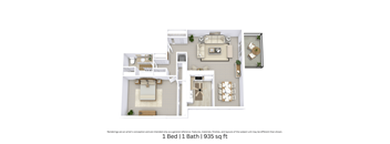 This is a 3D floor plan providing a detailed angled view of the space with room layout, furniture placement, and flow. Features 1 bedroom, 1 bathroom, and approximately 935 Sq. Ft.