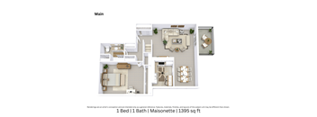 3D floor plan providing an angled view of a 1 bedroom, 1 bathroom Maisonette unit with room layouts and furniture placement across 1,395 Sq. Ft.