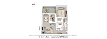 A 3D floor plan displaying the Maisonette’s interior from an angled perspective with furniture arrangement and room flow across 1,470 Sq. Ft.