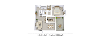 A 3D floor plan showing an angled view of the B layout with visible fireplace, furniture arrangement, and room flow. Includes 1 bedroom, 1 bathroom, and approximately 1,025 Sq. Ft.