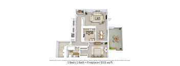 A 3D floor plan providing an angled view of the A layout showing furniture arrangement and fireplace placement. Includes 1 bedroom, 1 bathroom, and 1,111 Sq. Ft.